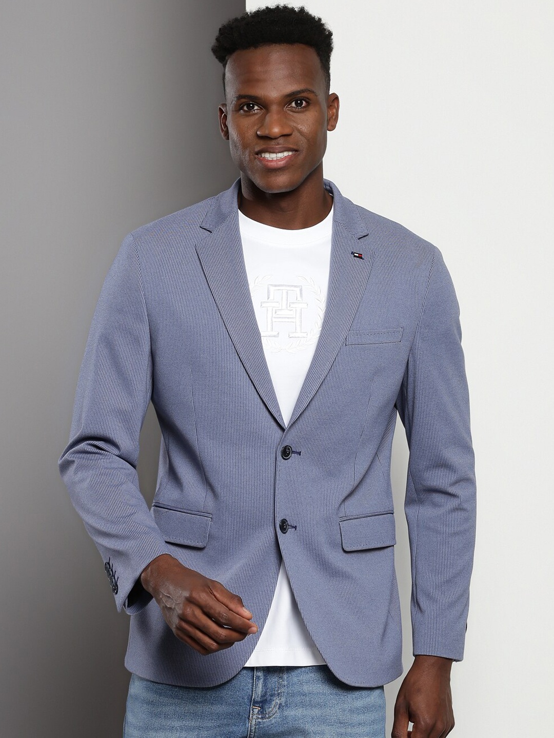 

Tommy Hilfiger Striped Notched Lapel Collar Single Breasted Blazer, Blue