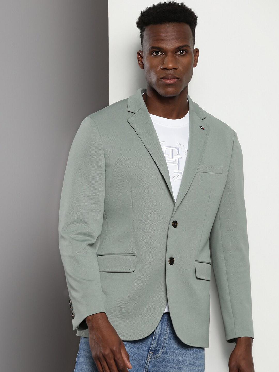 

Tommy Hilfiger Notched Lapel Collar Single Breasted Blazers, Green