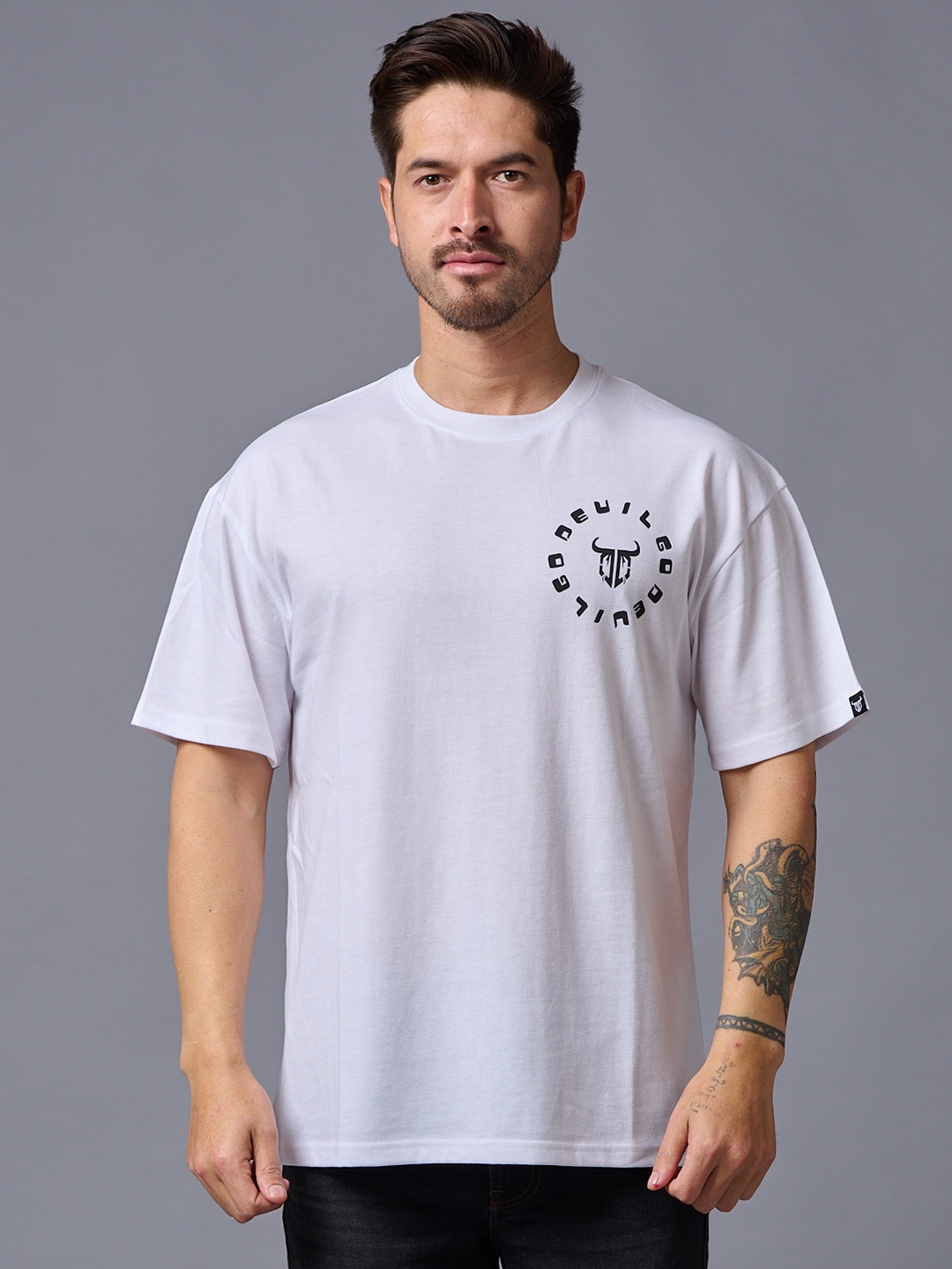 

GO DEVIL Round Neck Short Sleeves Cotton T-shirt, White