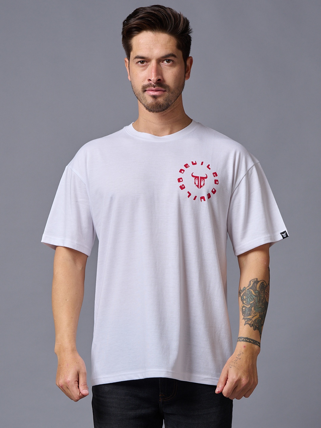

GO DEVIL Typography Printed Drop-Shoulder Sleeves Cotton T-shirt, White