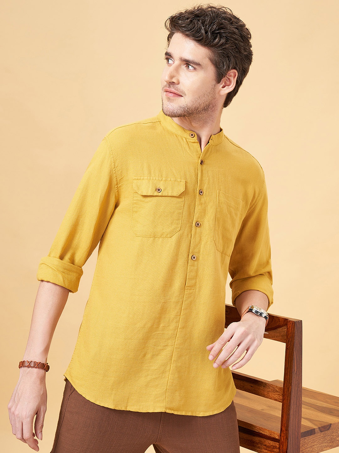 

7 Alt by Pantaloons Cotton Linen Casual Shirt, Mustard