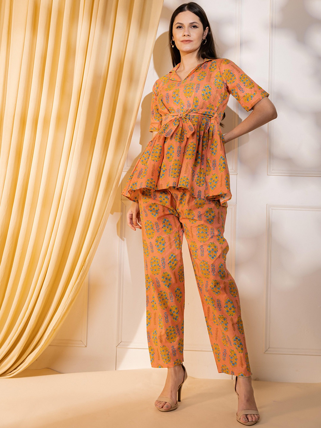 

KALINI Floral Printed Shirt Collar Tunic With Palazzo, Orange