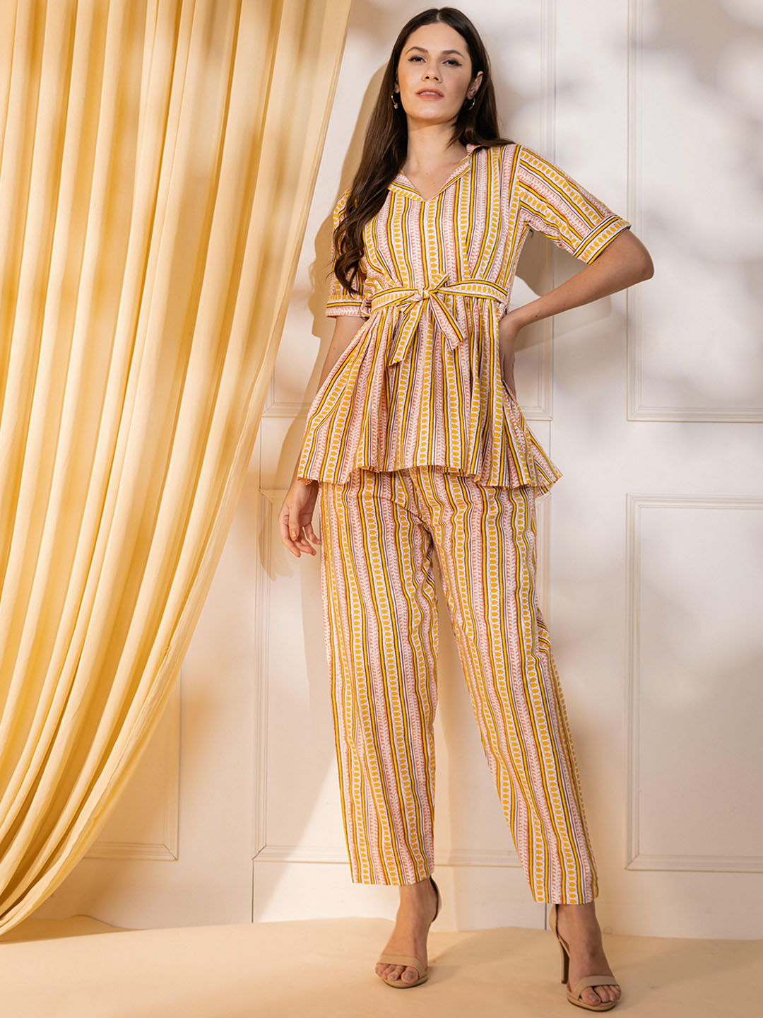 

KALINI Printed Shirt Collar Tunic With Palazzo, Yellow