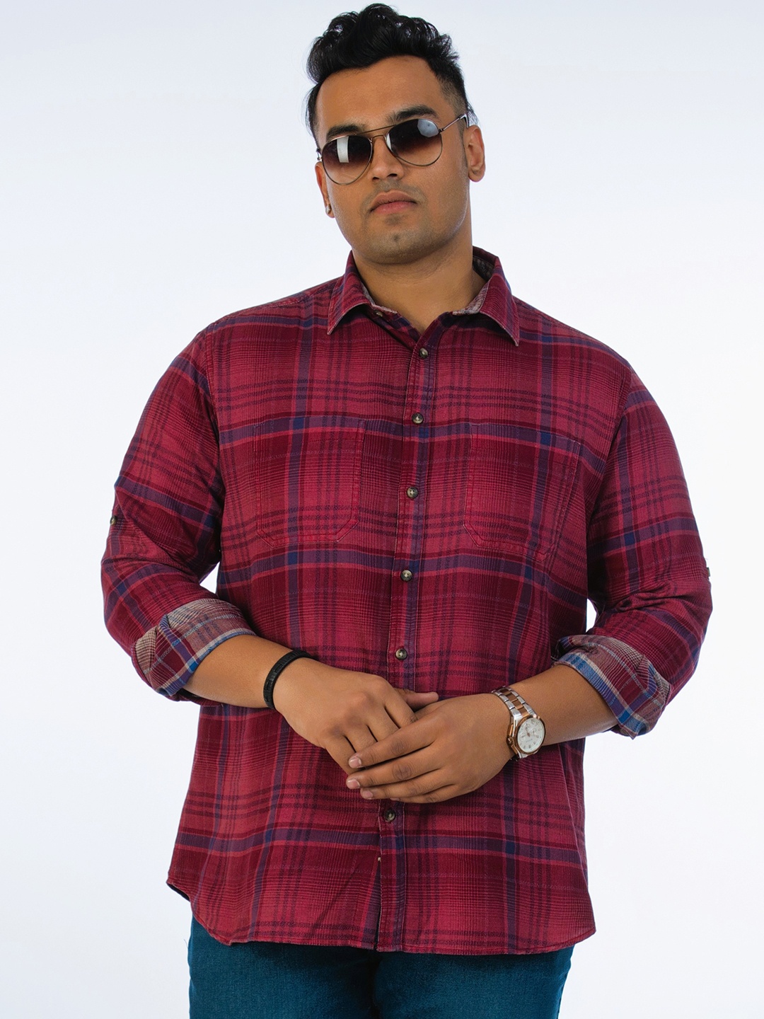 

UNSIZED Plus Size Comfort Tartan Checks Spread Collar Long Sleeves Cotton Casual Shirt, Red