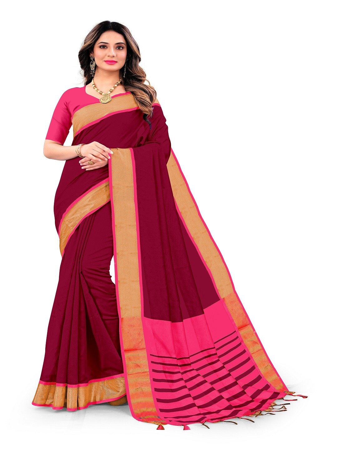 

faxofab Zari Silk Cotton Banarasi Saree, Maroon