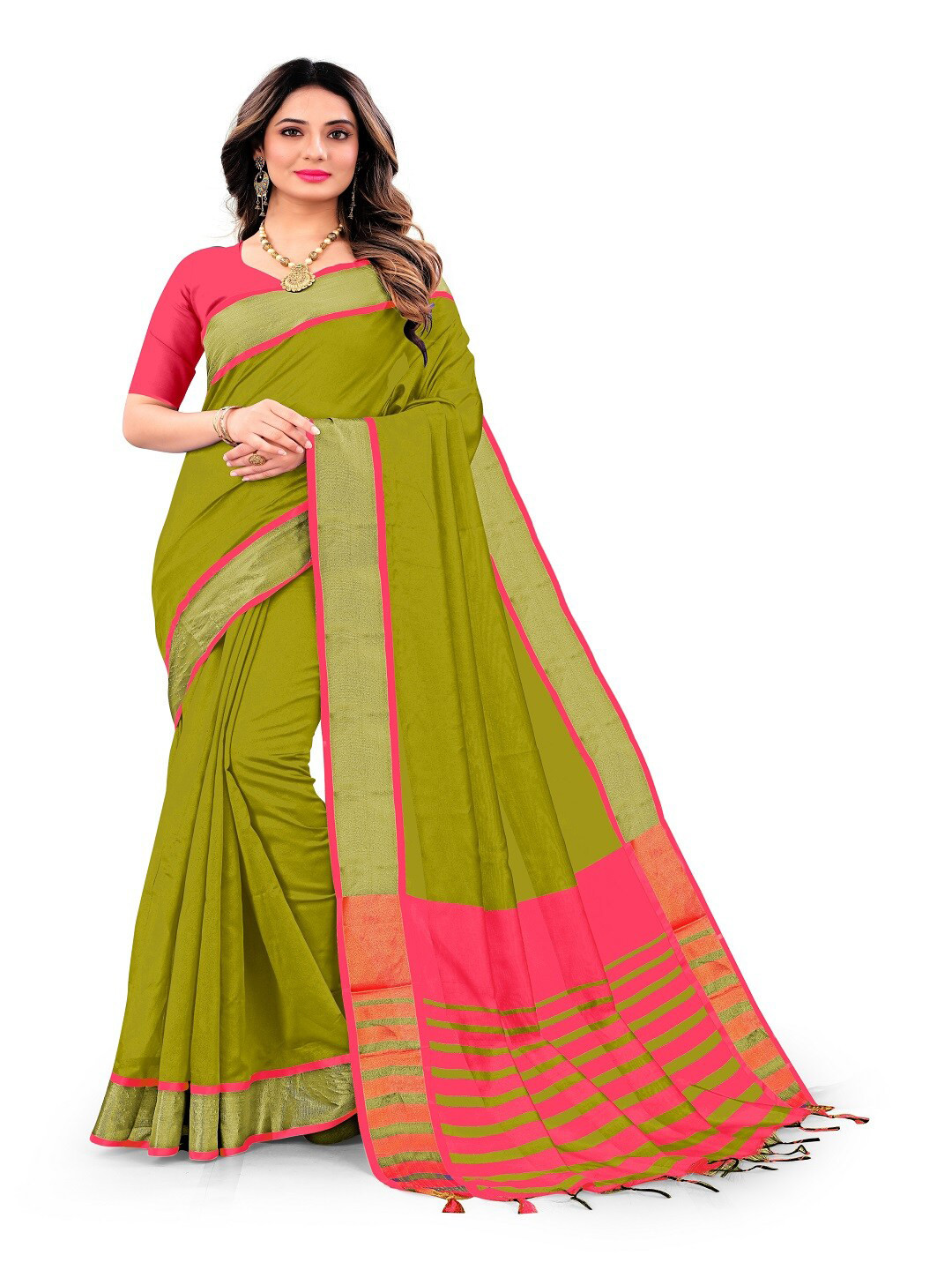 

faxofab Jaali Silk Cotton Banarasi Saree, Lime green
