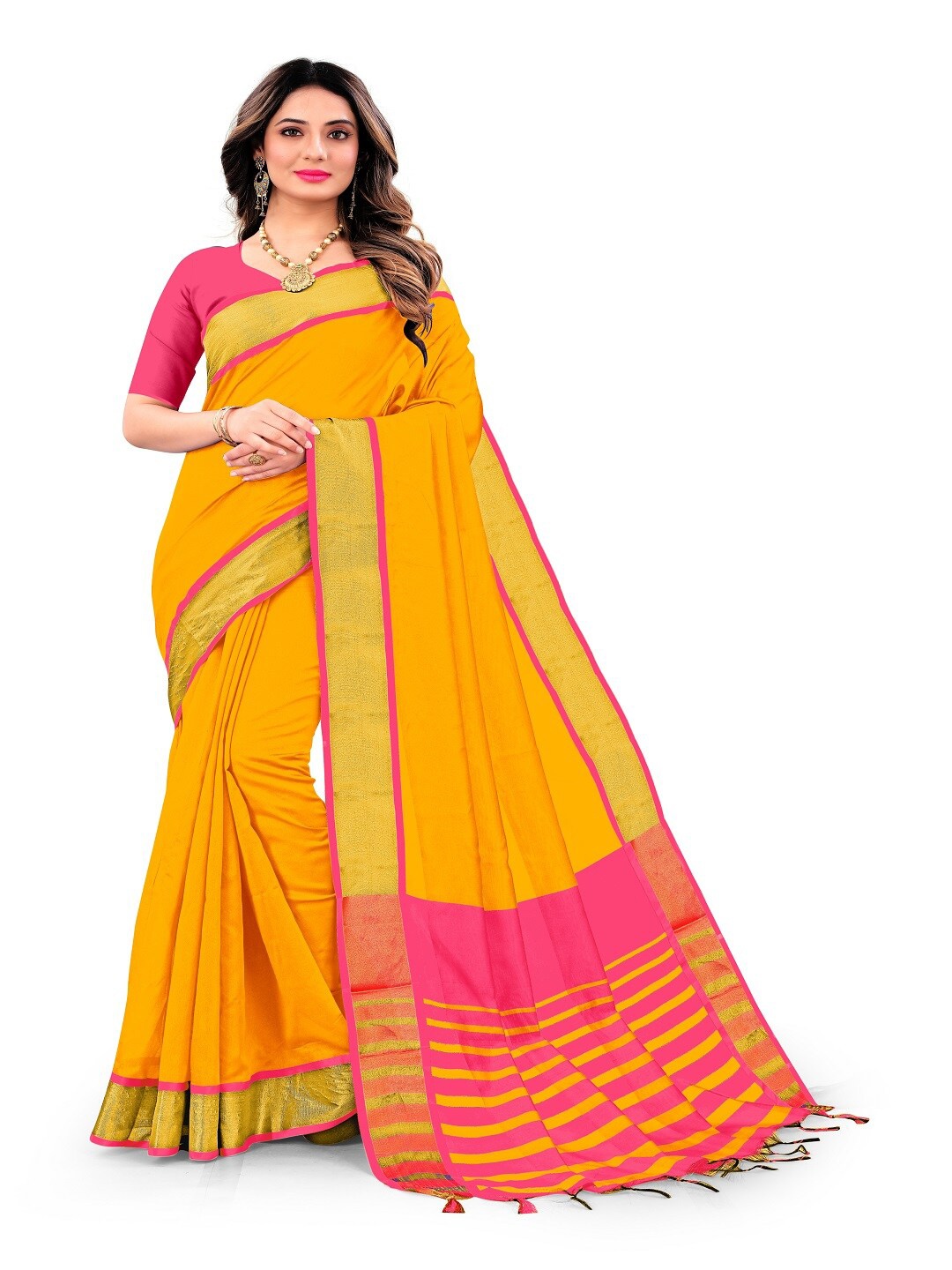 

faxofab Zari Silk Cotton Banarasi Saree, Yellow