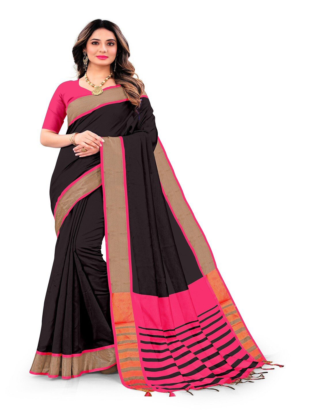 

faxofab Zari Silk Cotton Banarasi Saree, Black