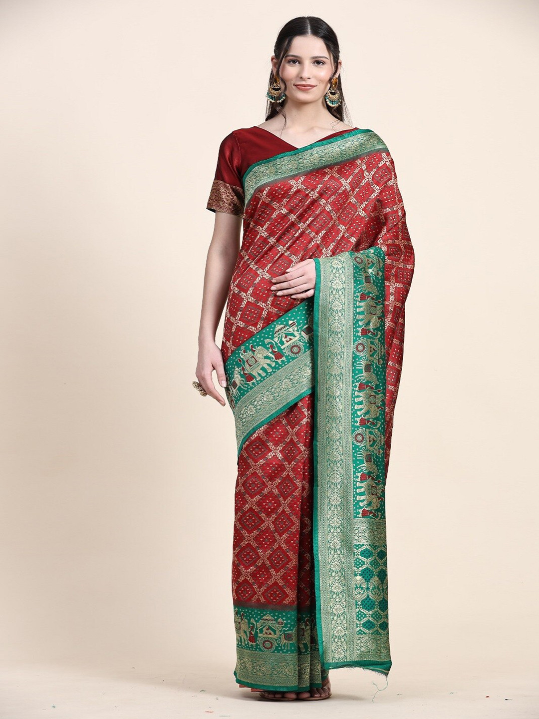 

faxofab Ethnic Motifs Woven Design Zari Pure Silk Banarasi Saree, Maroon