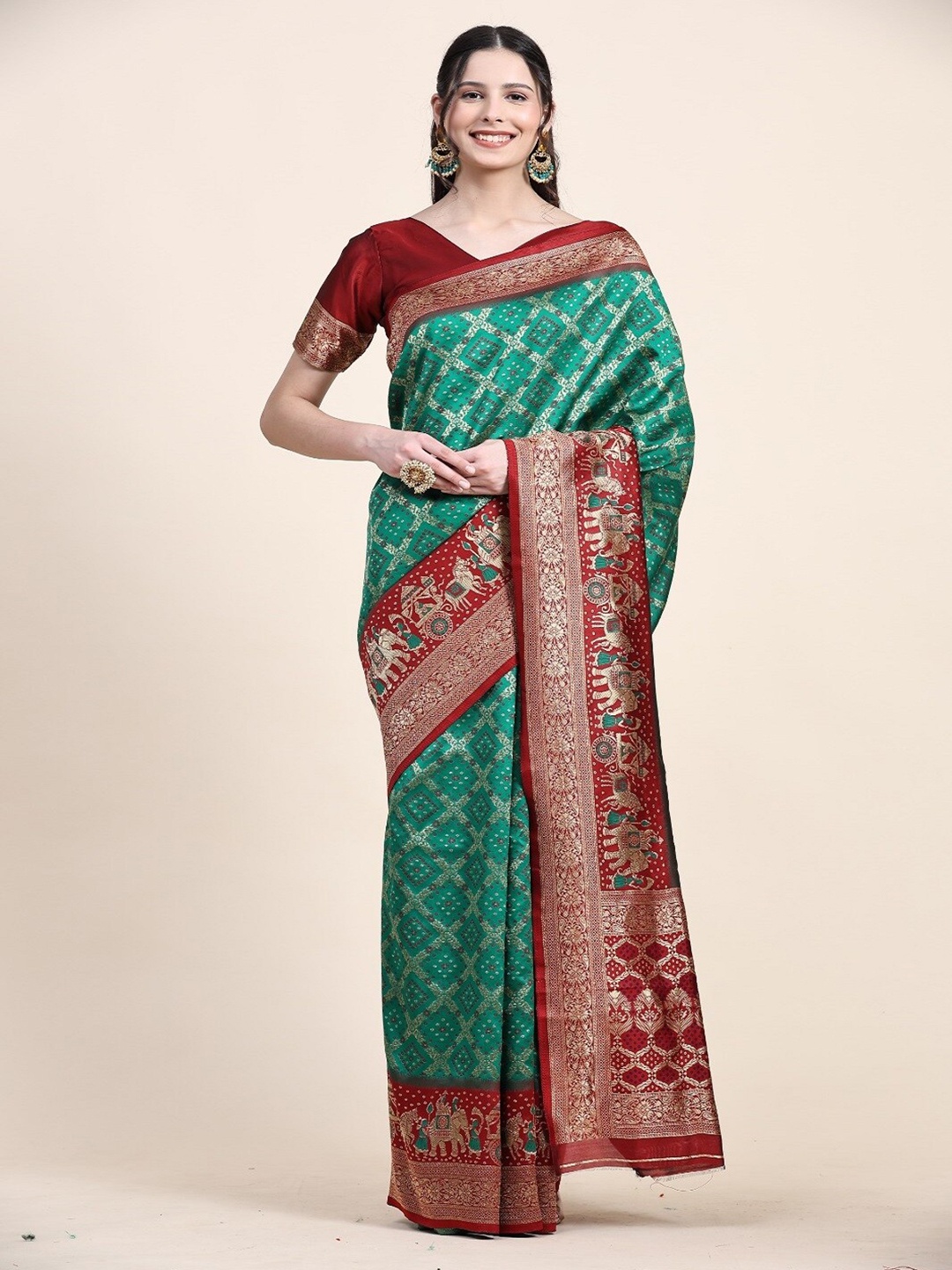 

faxofab Ethnic Motifs Woven Design Zari Pure Silk Banarasi Saree, Green