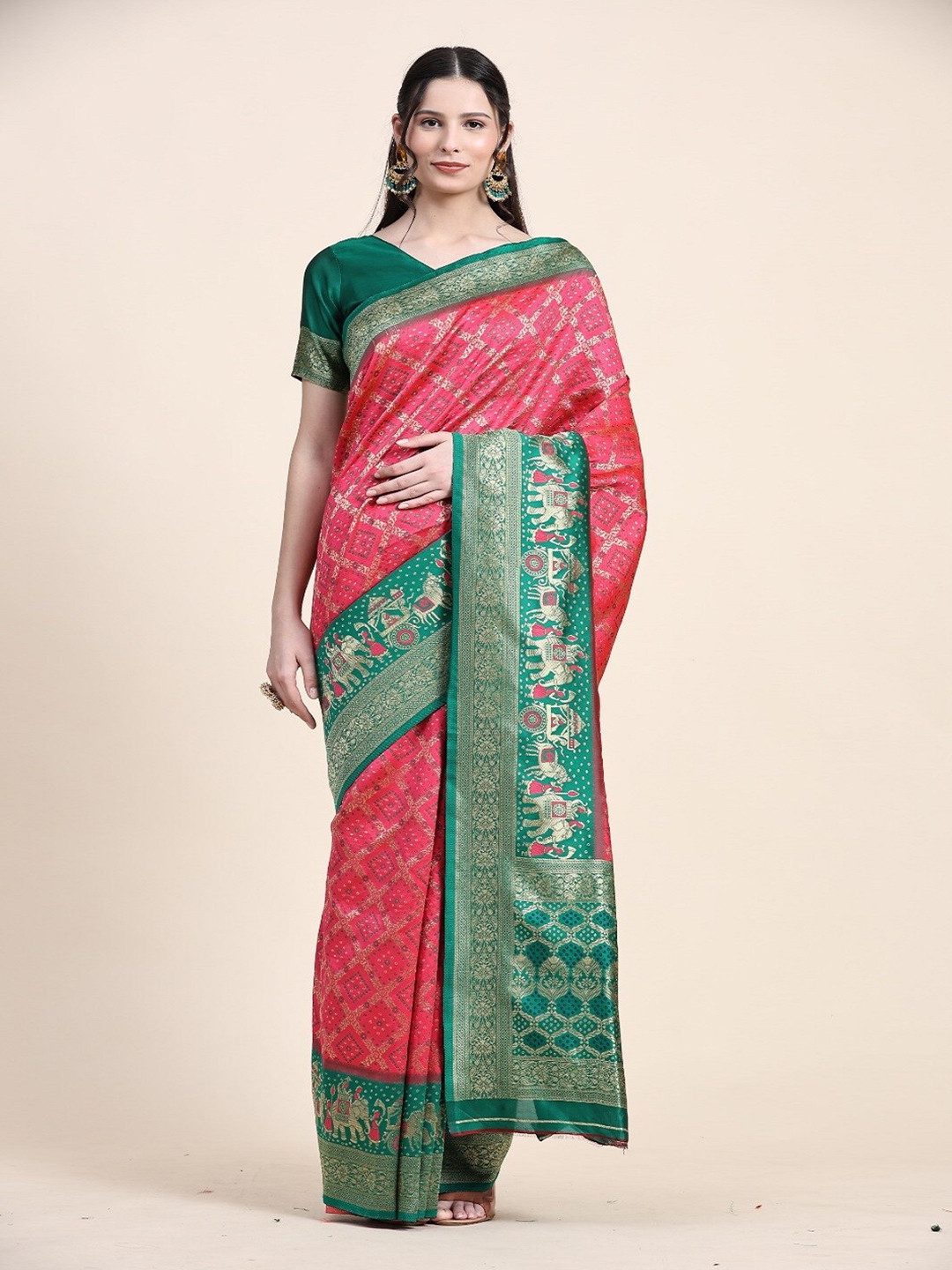 

faxofab Ethnic Motifs Woven Design Zari Pure Silk Banarasi Saree, Red