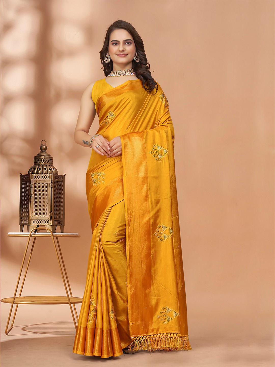 

Celeb Styles Geometric Embroidered Zari Saree, Mustard