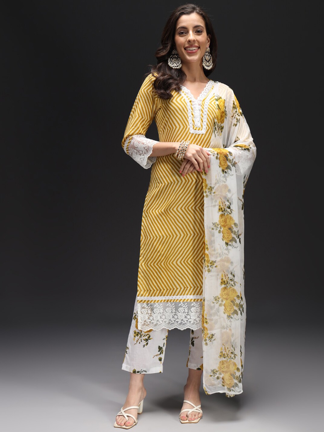 

HEEPOSH Striped Thread Work Pure Cotton Kurta With Trouser & Dupatta, Yellow