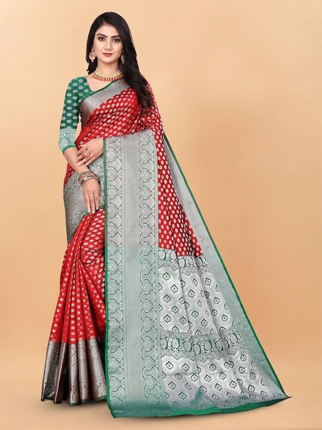 

faxofab Ethnic Motifs Woven Design Kanjeevaram Saree, Red