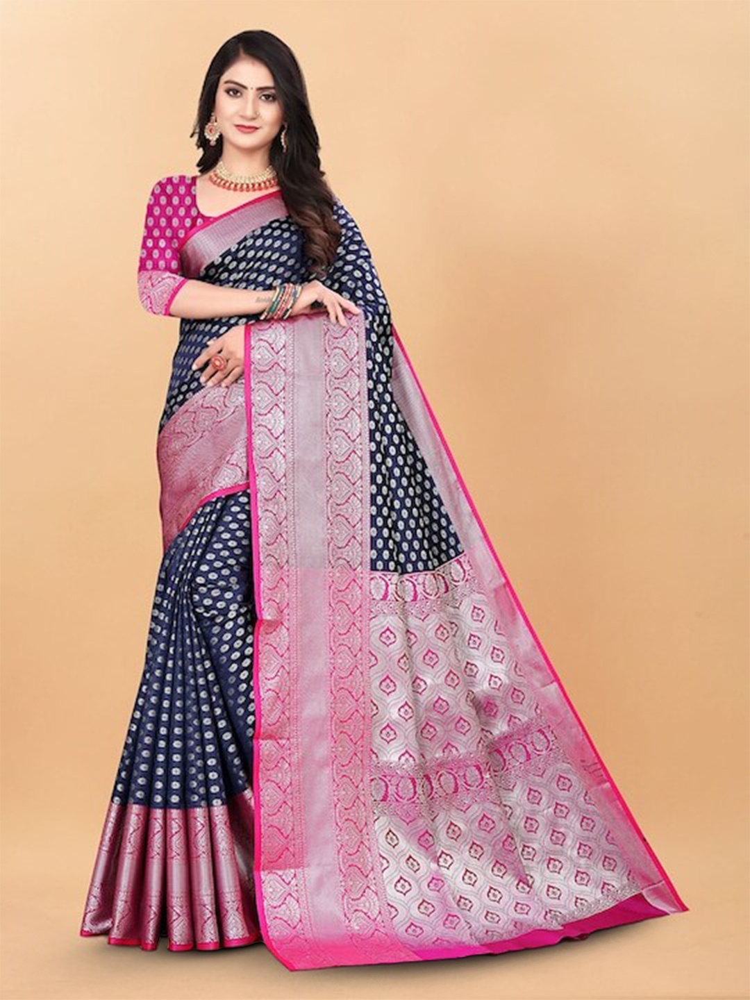 

faxofab Ethnic Motifs Woven Design Zari Kanjeevaram Saree, Navy blue