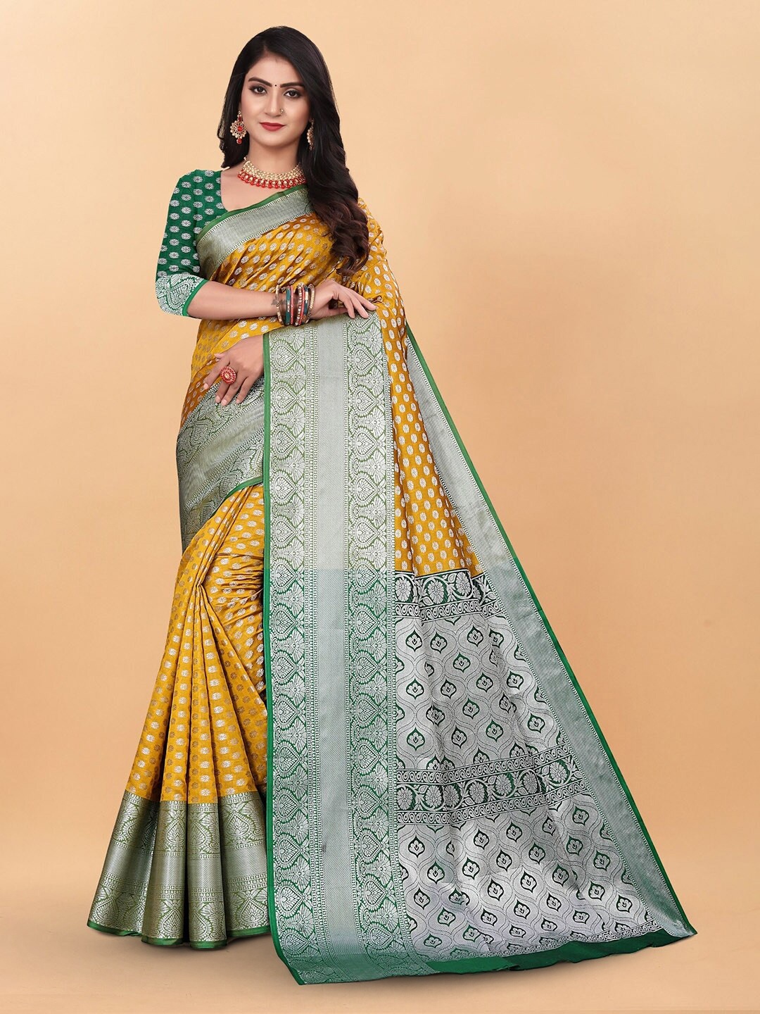 

faxofab Ethnic Motifs Woven Design Zari Kanjeevaram Saree, Yellow