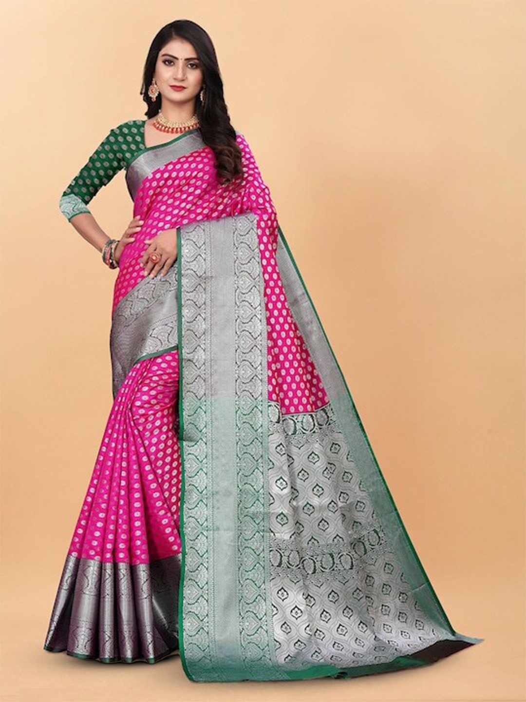 

faxofab Ethnic Motifs Woven Design Zari Kanjeevaram Saree, Pink