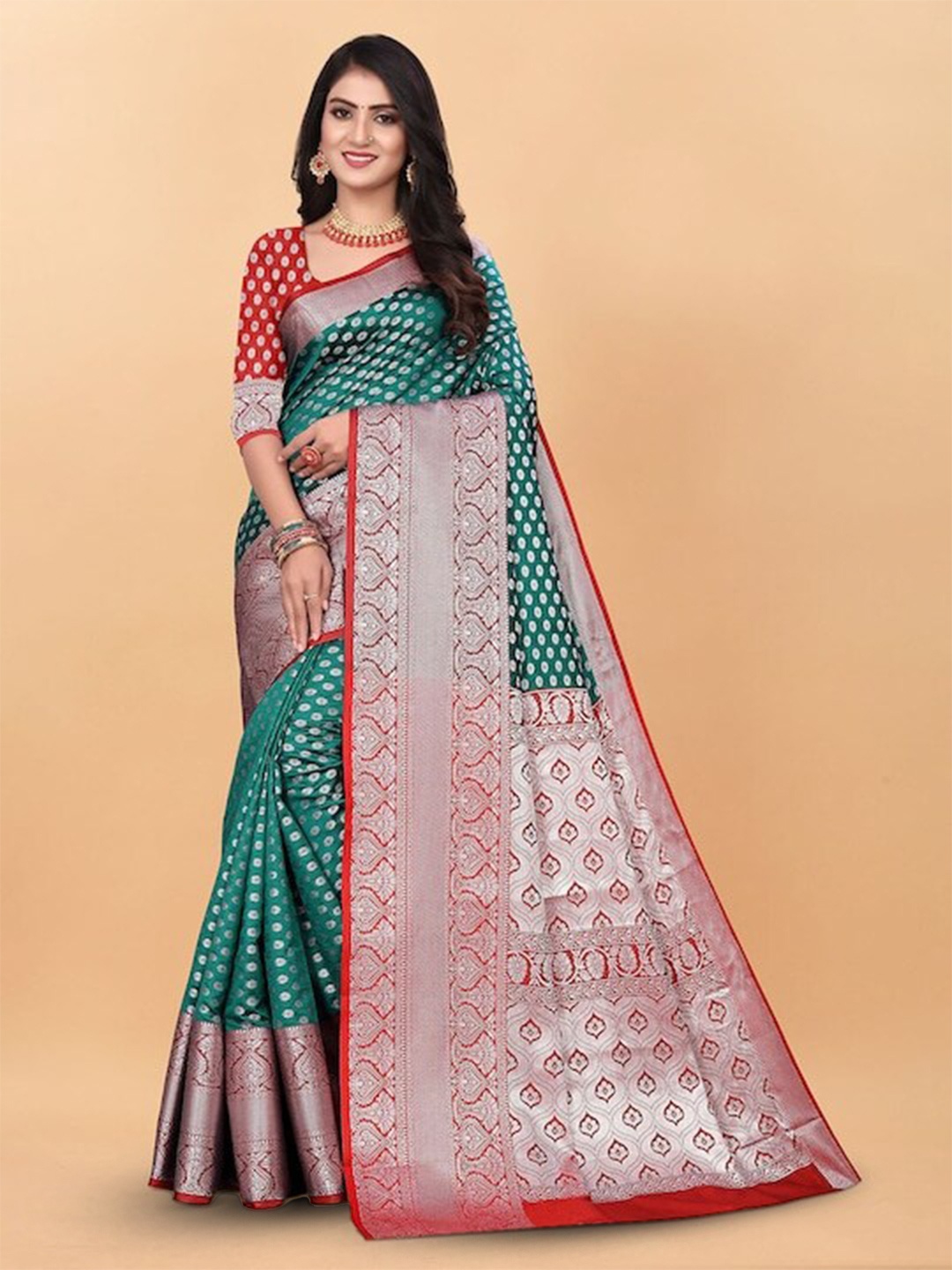 

faxofab Ethnic Motifs Woven Design Zari Kanjeevaram Saree, Teal