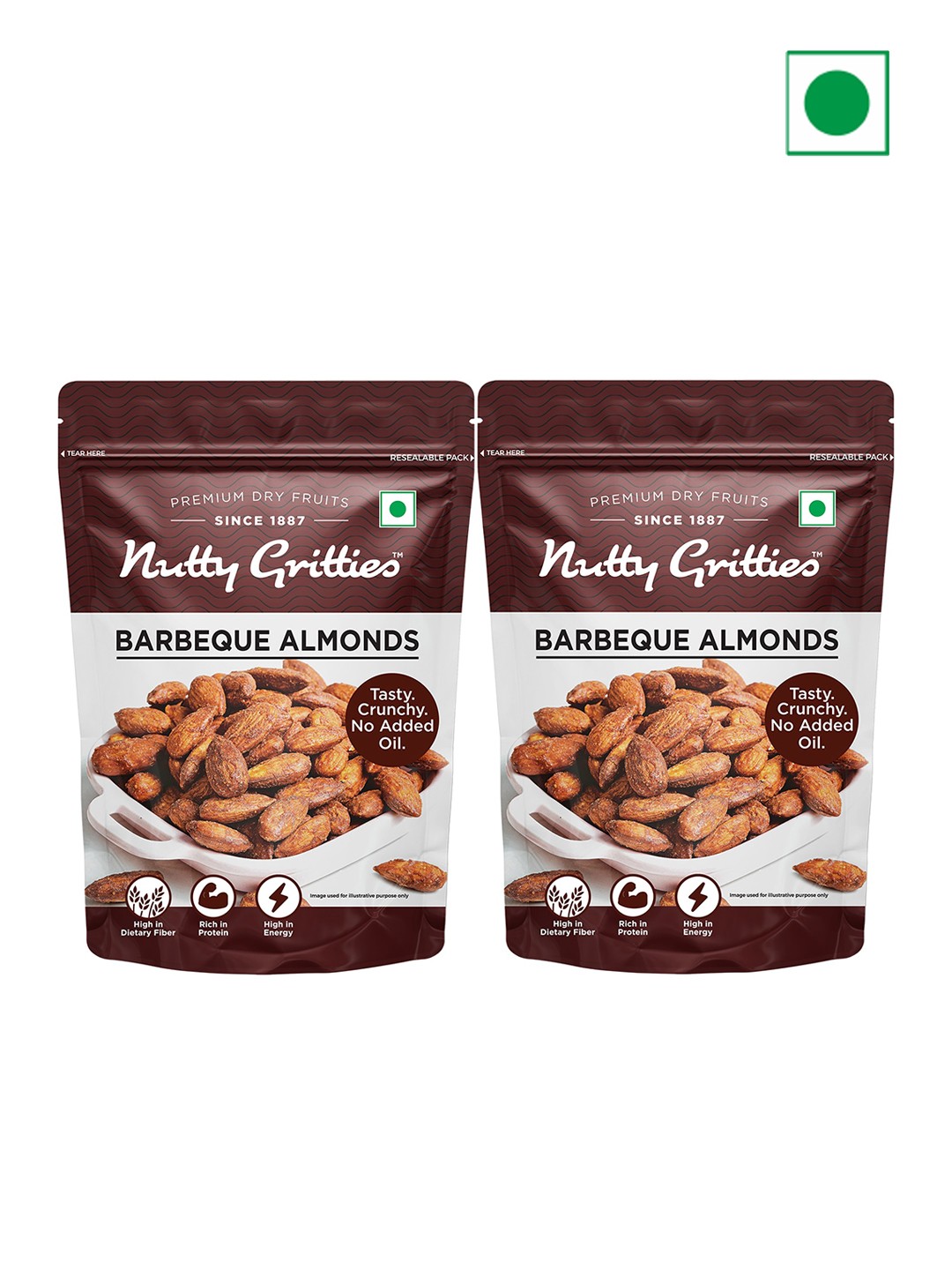 

Nutty Gritties Set Of 2 Dry Roasted Non Fried and Zero Oil Barbeque Almonds- 200 Gms Each, White