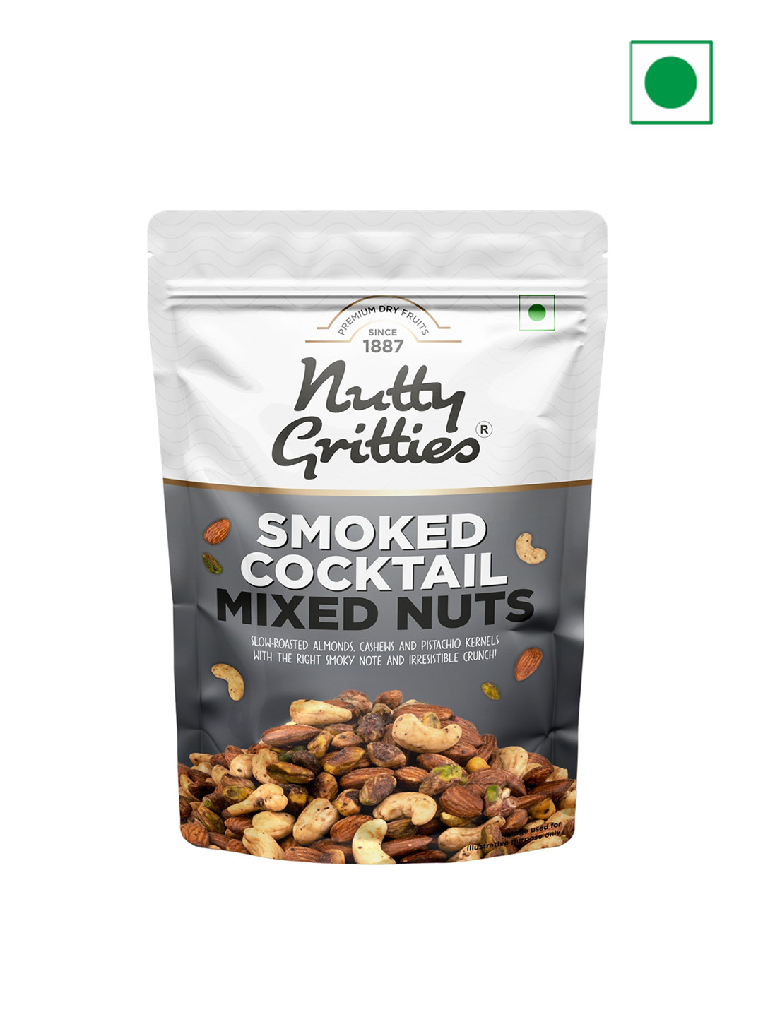 

Nutty Gritties Smoked Cocktail Nut Mix Almonds Cashew Nuts Pistachio Kernels - 200 Gms, White
