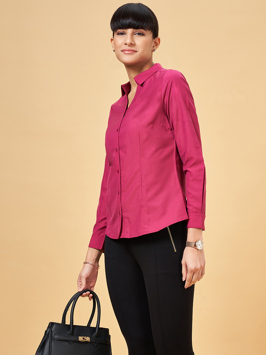 

Annabelle by Pantaloons Mandarin Collar Formal Shirt, Magenta