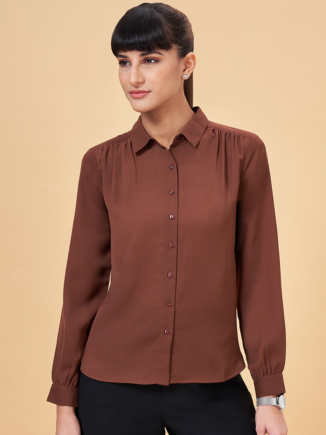 

Annabelle by Pantaloons Spread Collar Formal Shirt, Brown