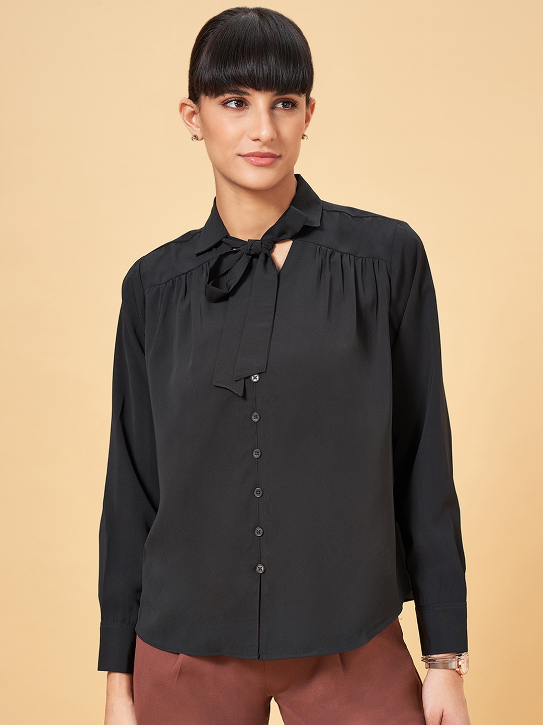 Annabelle by Pantaloons Tie-Up Spread Collar Long Sleeves Formal Shirt, Black
