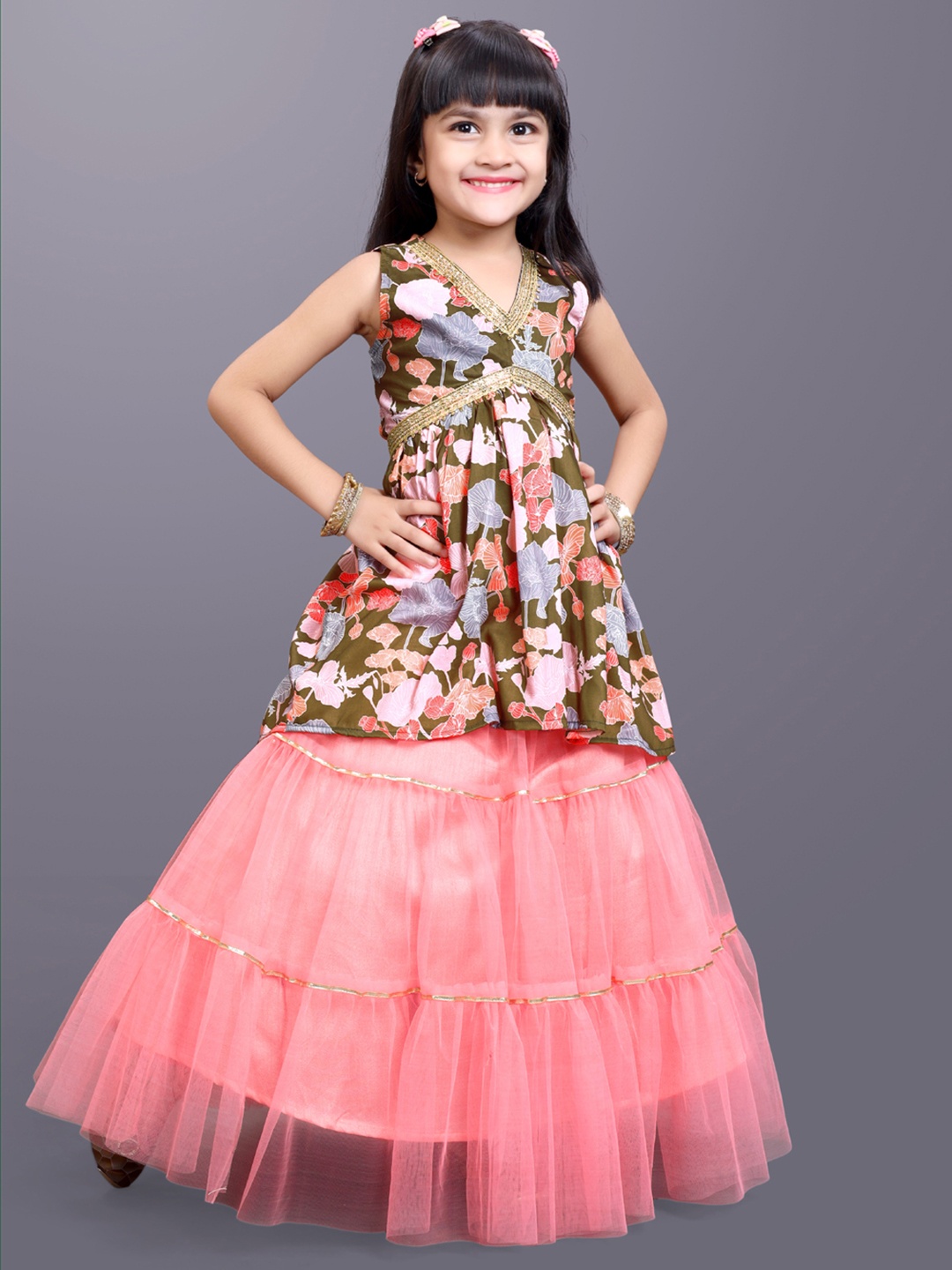 

BAESD Girls Printed V-Neck Sleeveless Top With Skirt, Green