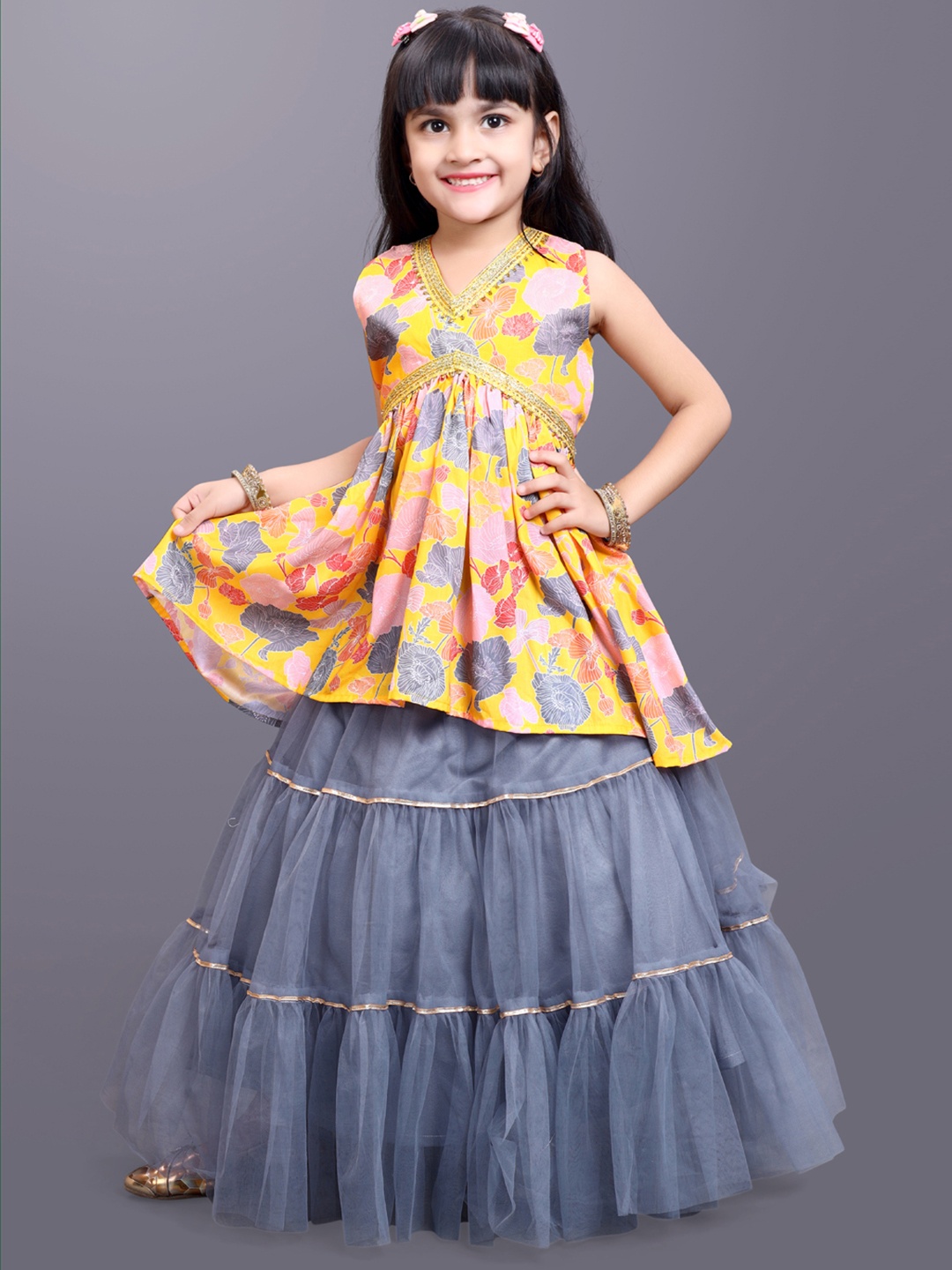 

BAESD Girls Floral Printed Ready to Wear Lehenga & Choli, Yellow