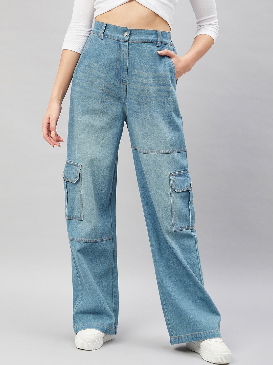

Orchid Blues Women Flared High-Rise Heavy Fade Cotton Jeans, Blue