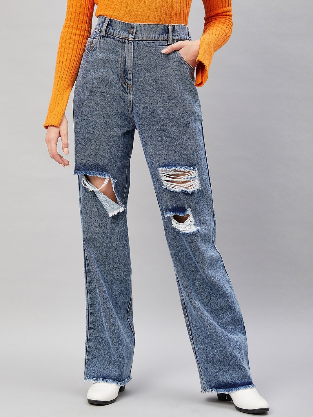 

Orchid Blues Women Flared High Rise Mildly Distressed Cotton Jeans, Blue