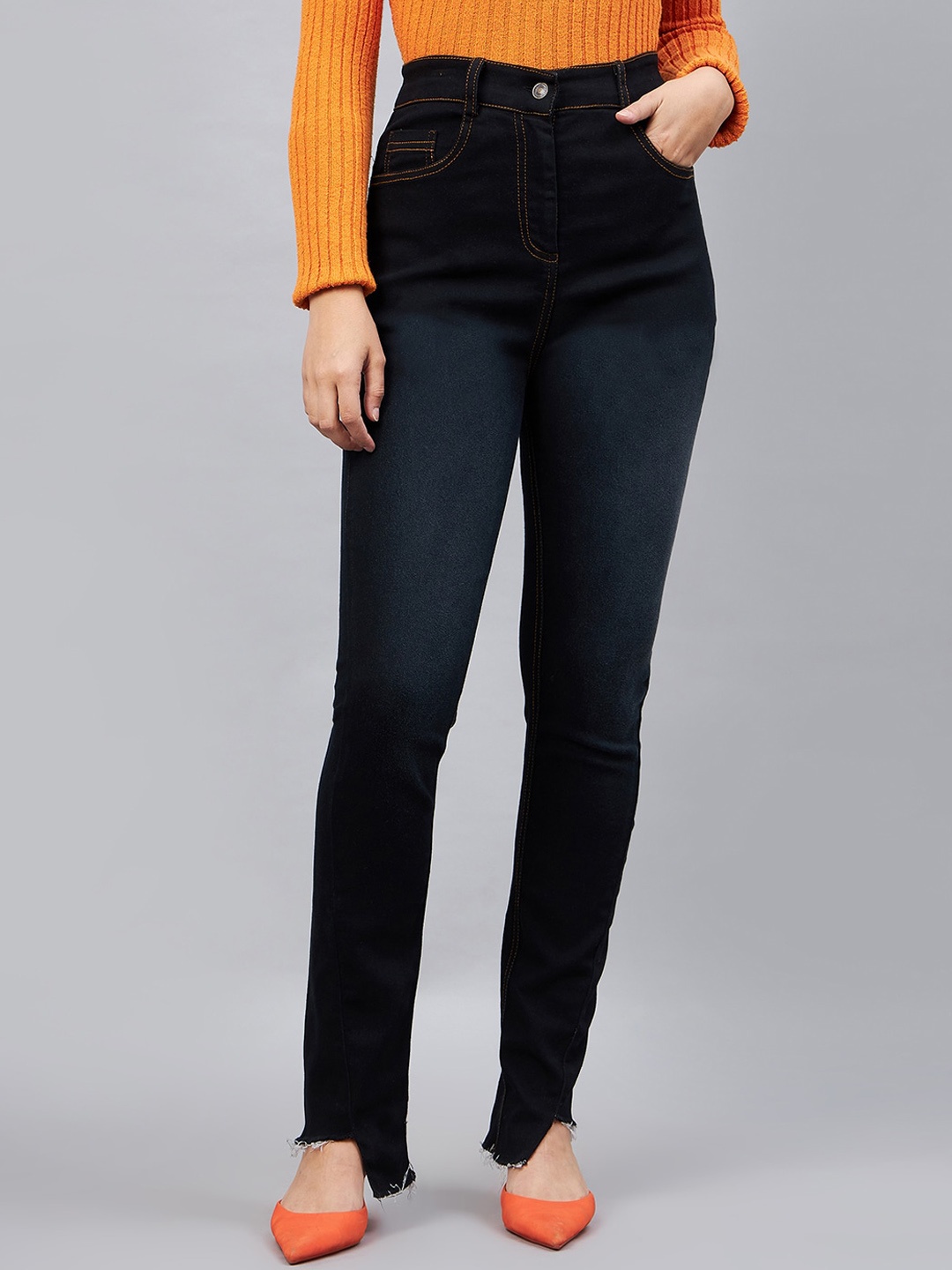 

Orchid Blues Women High-Rise Clean Look Asymmetric Hemline Cotton Jeans, Black