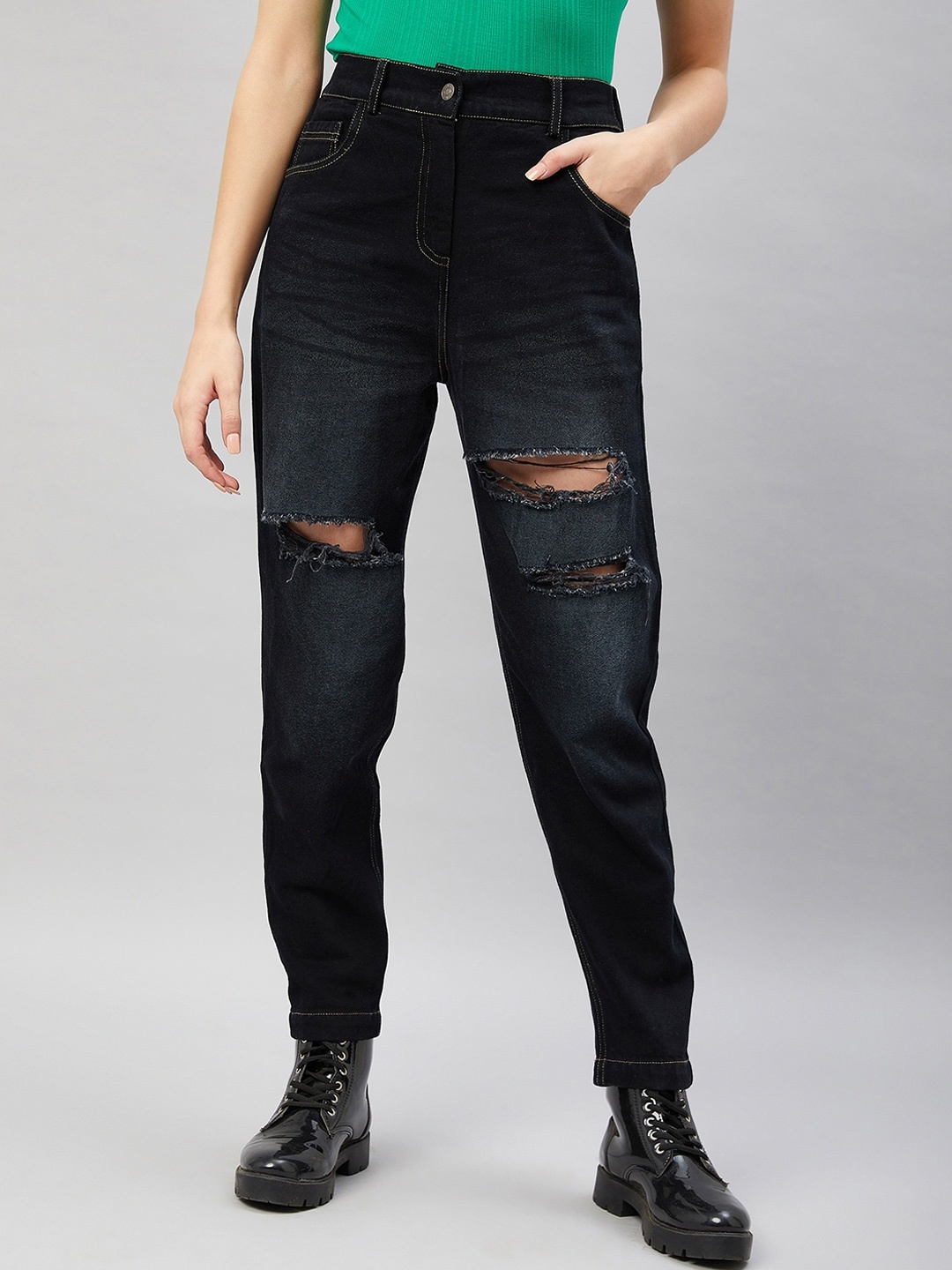 

Orchid Blues Women High-Rise Slash Knee Light Fade Mom Fit Cotton Jeans, Black