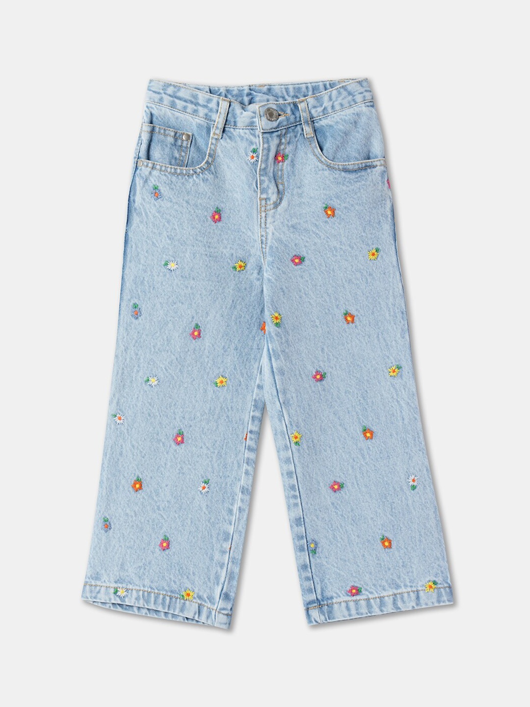 

R&B Girls Mid-Rise Floral Embroidered Cotton Jeans, Blue