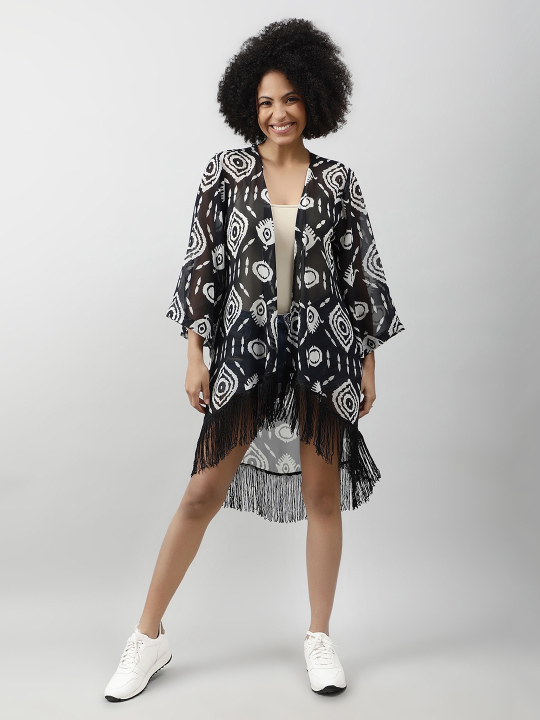 

PURYS Abstract Printed Tasselled Open Front Longline Shrug, Black
