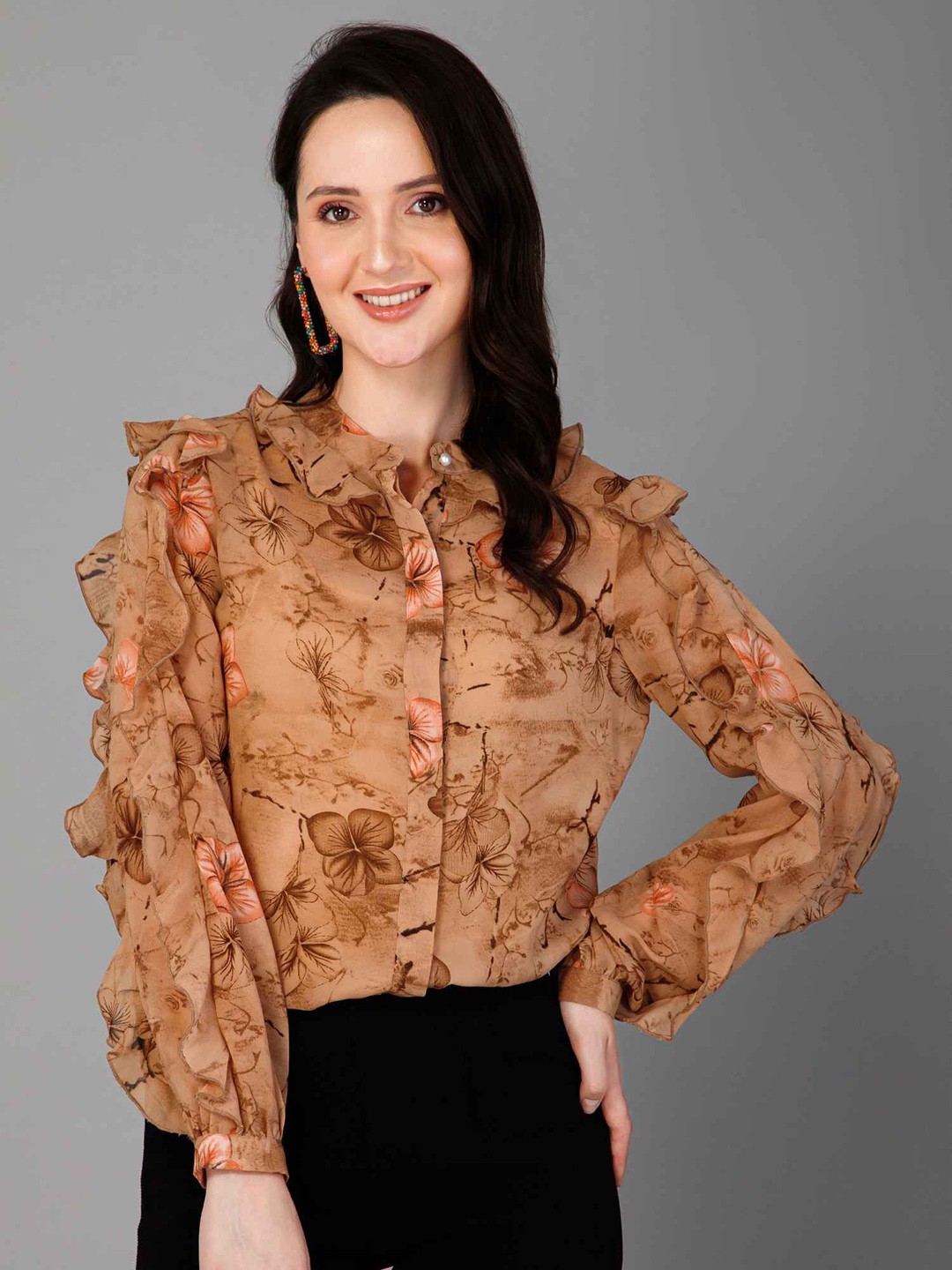 

PURYS Floral Printed Band Collar Puff Sleeves Ruffles Detailed Shirt Style Top, Beige