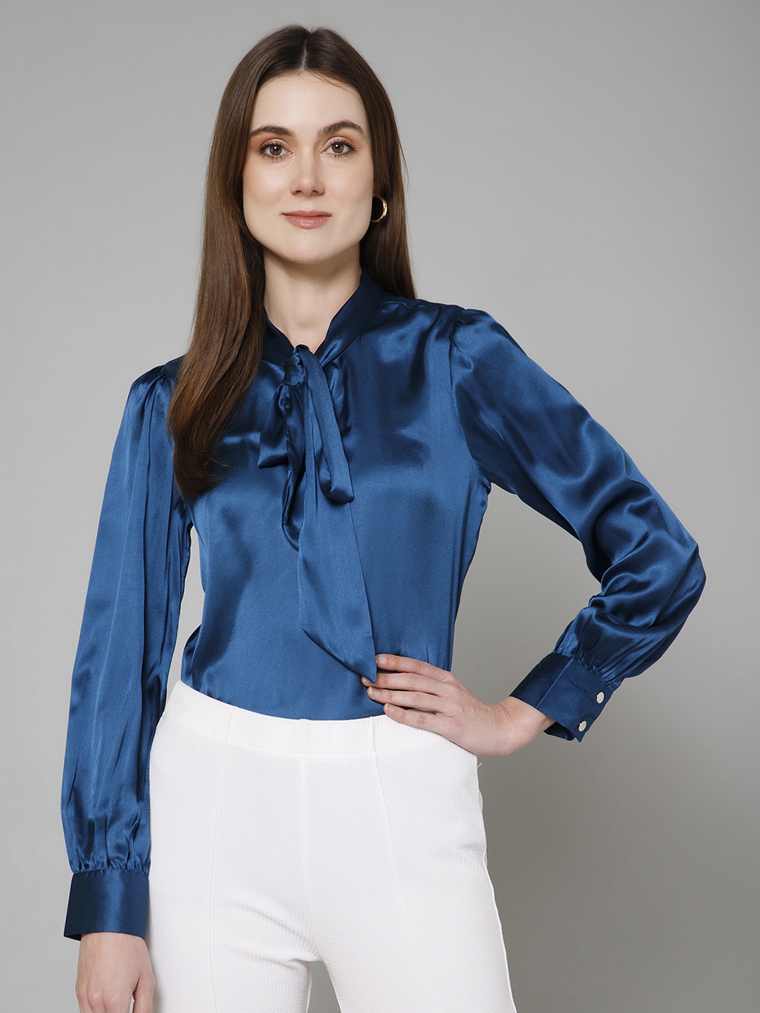 

PURYS Tie-Up Neck Satin Shirt Style Top, Teal