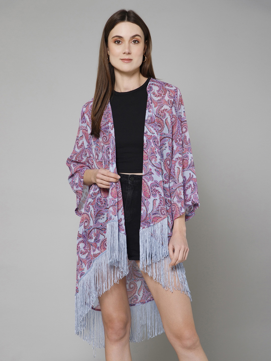 

PURYS Floral Printed Open Front Longline Shrug, Lavender