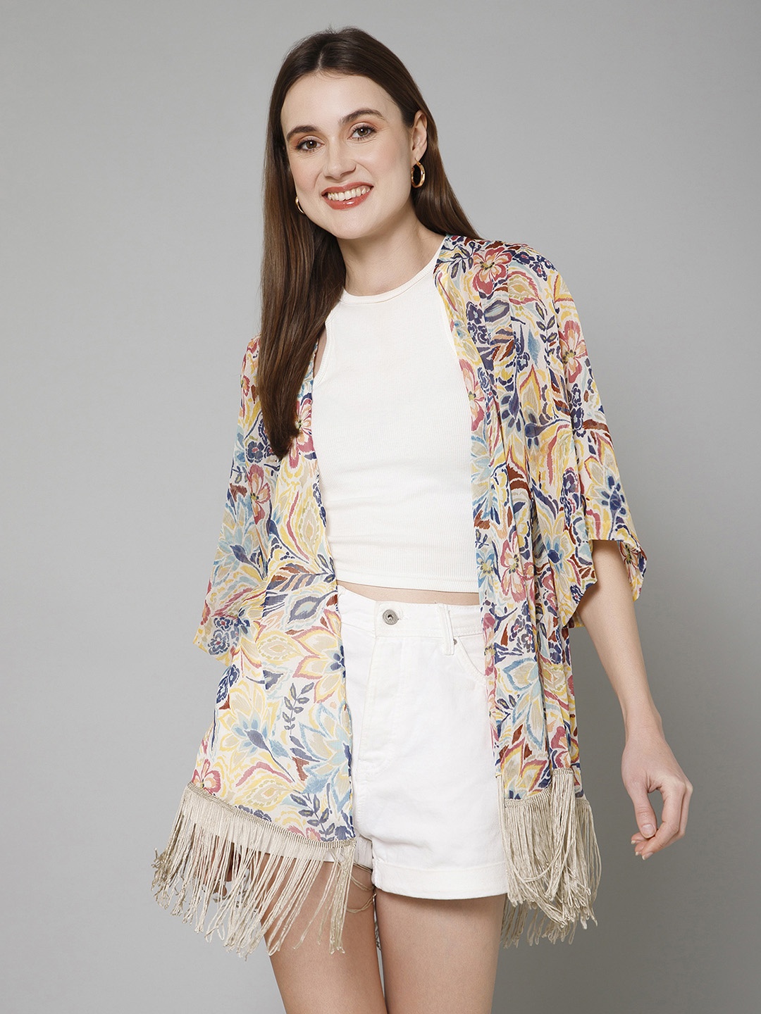 

PURYS Floral Printed Open Front Longline Shrug, Beige
