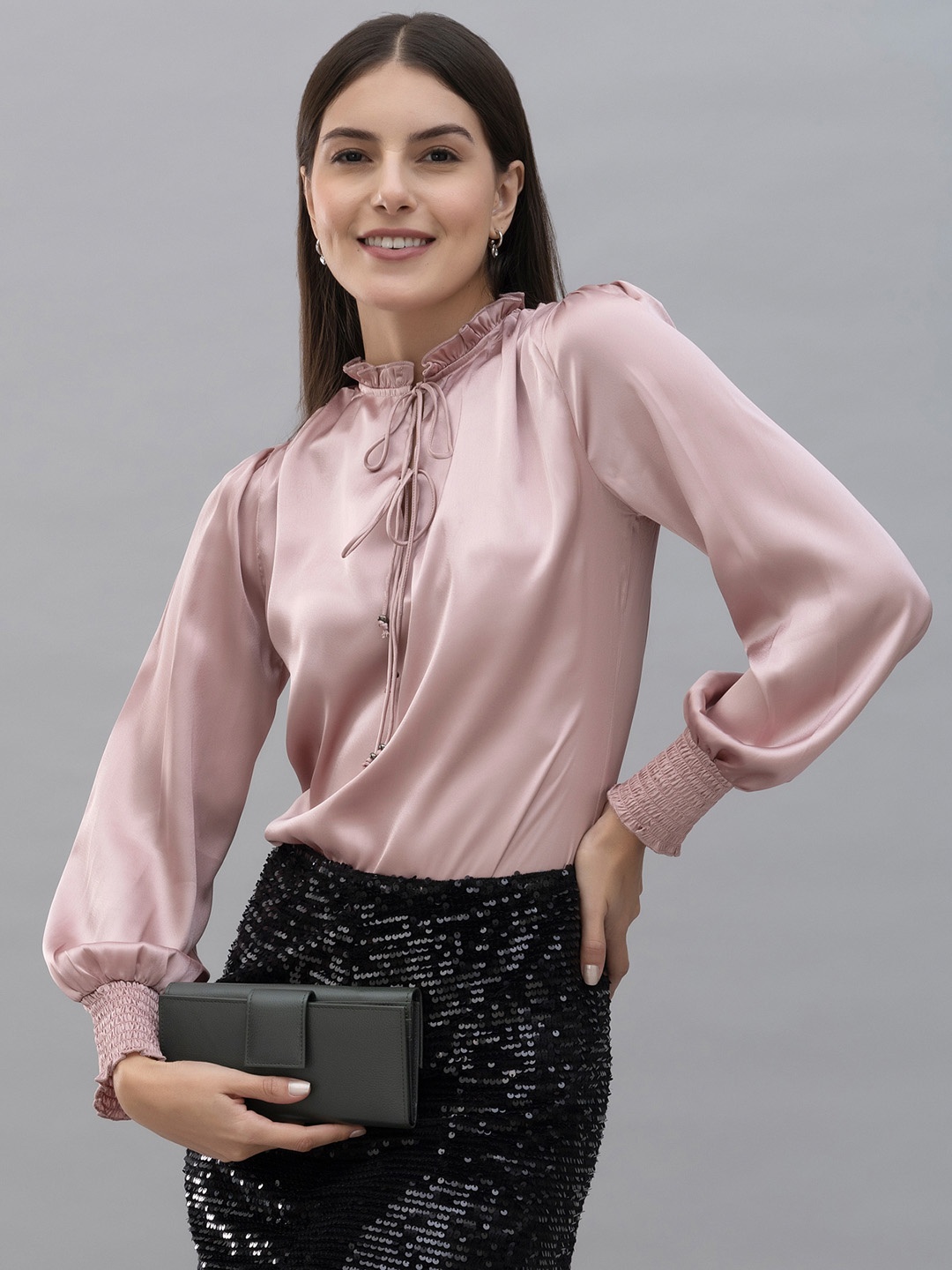 

PURYS Tie-Up Neck Puff Sleeves Smocked Detailed Satin Top, Pink