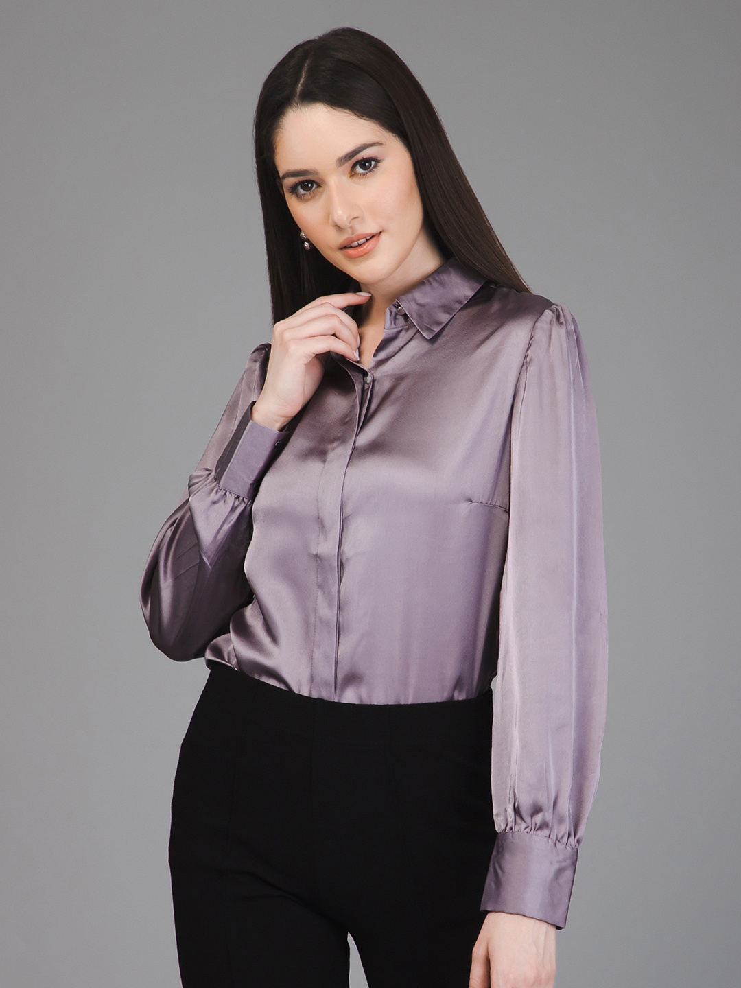 

PURYS Standard Satin Casual Shirt, Lavender