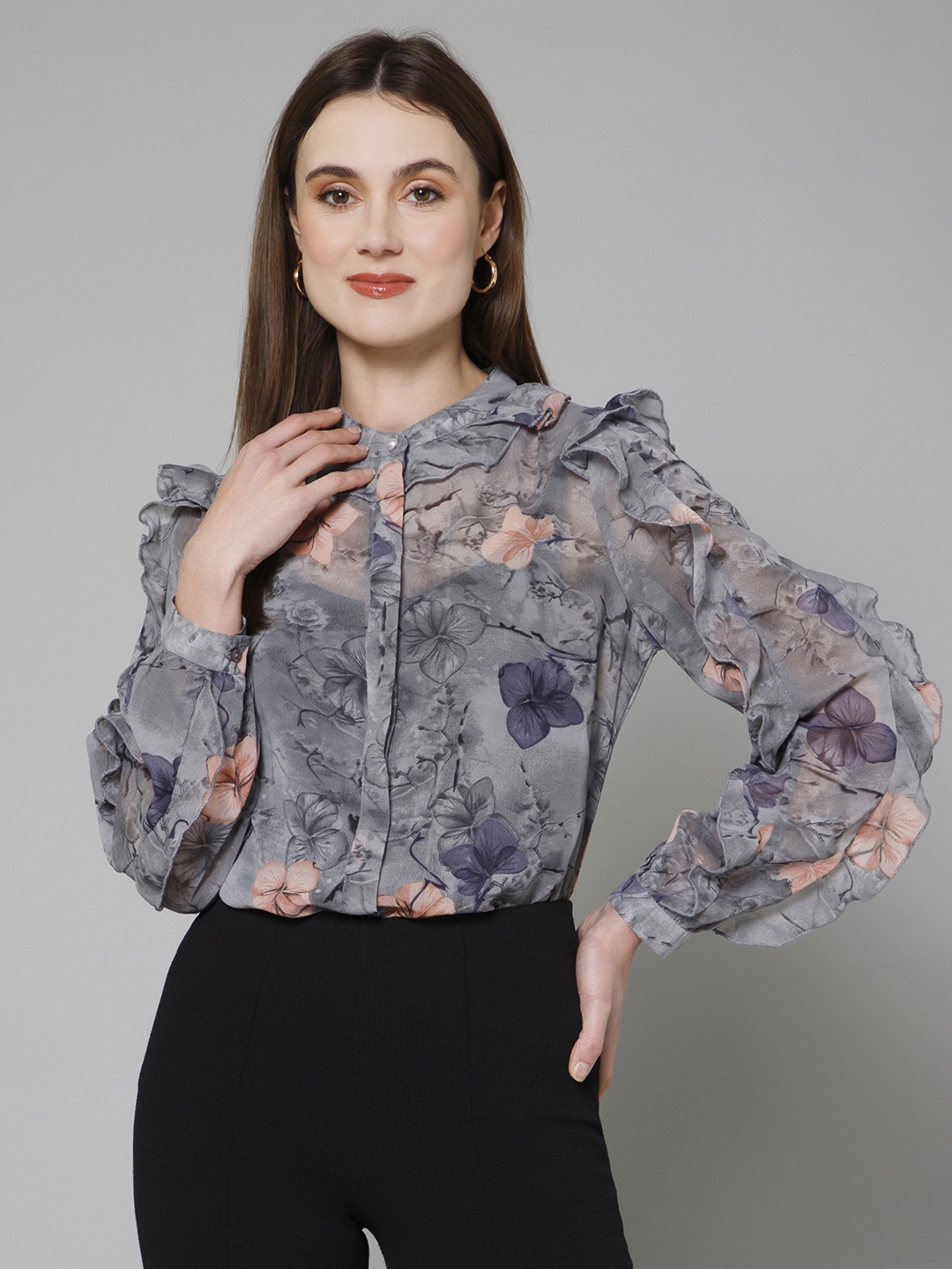 

PURYS Floral Printed Band Collar Puff Sleeves Ruffles Detailed Shirt Style Top, Grey