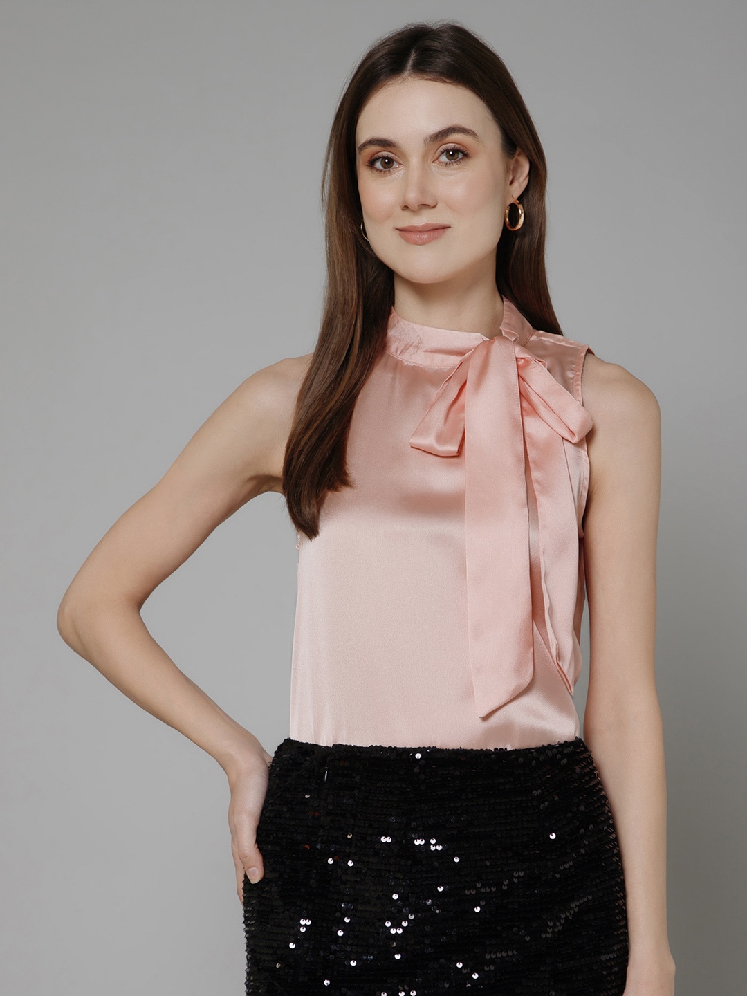 

PURYS Tie-Up Neck Satin Top, Peach