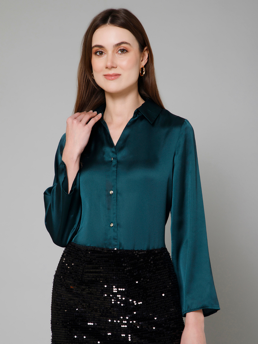 

PURYS Satin Casual Shirt, Green