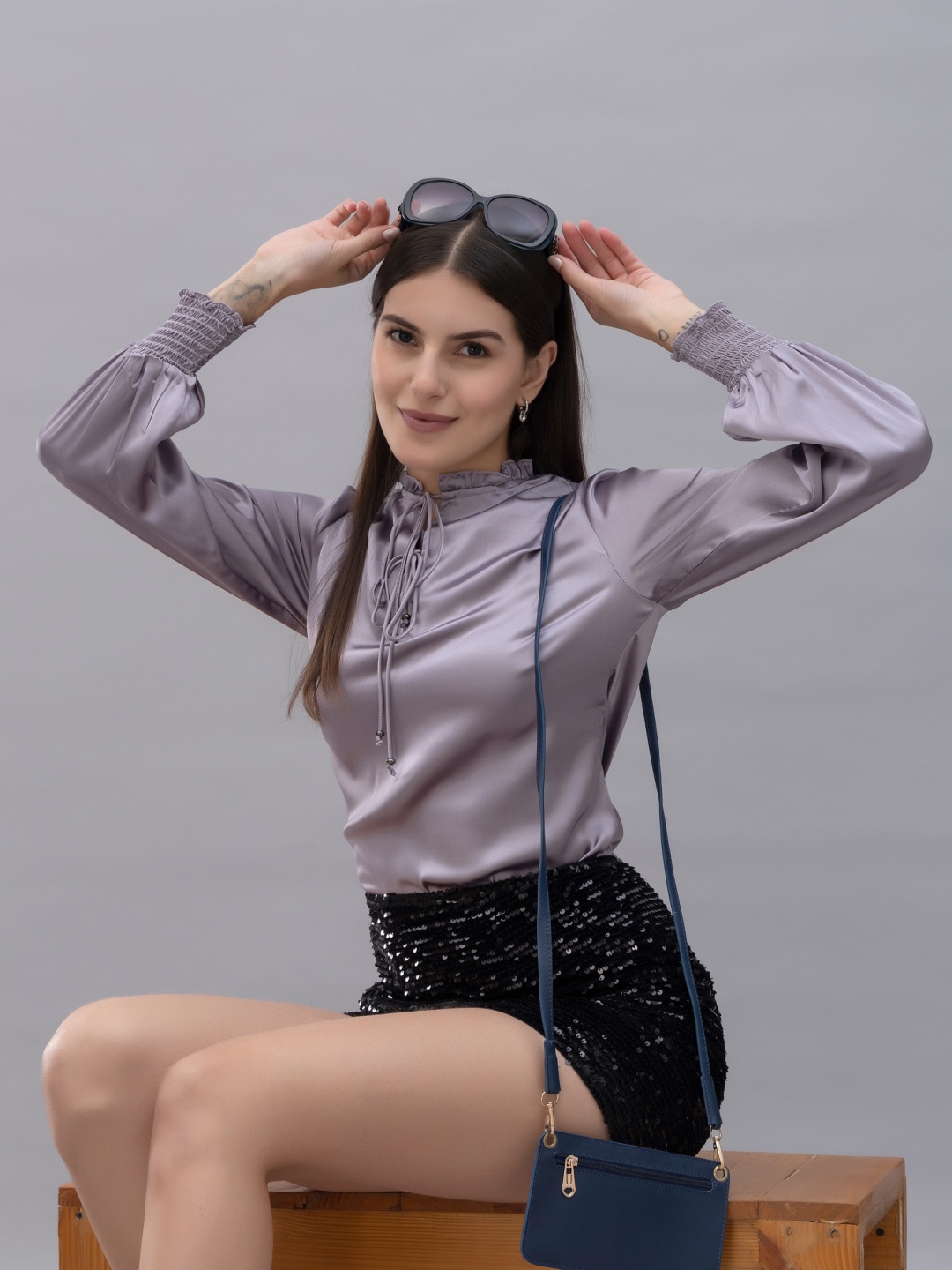

PURYS Tie-Up Neck Smocked Satin Top, Lavender