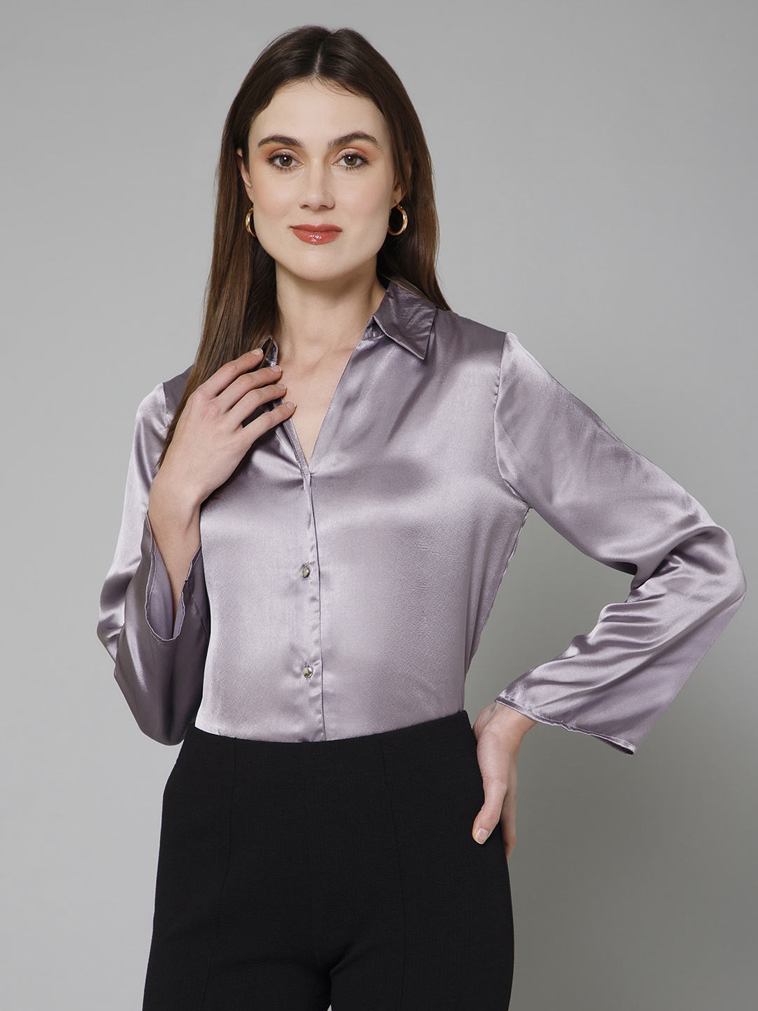 

PURYS Standard Satin Casual Shirt, Lavender