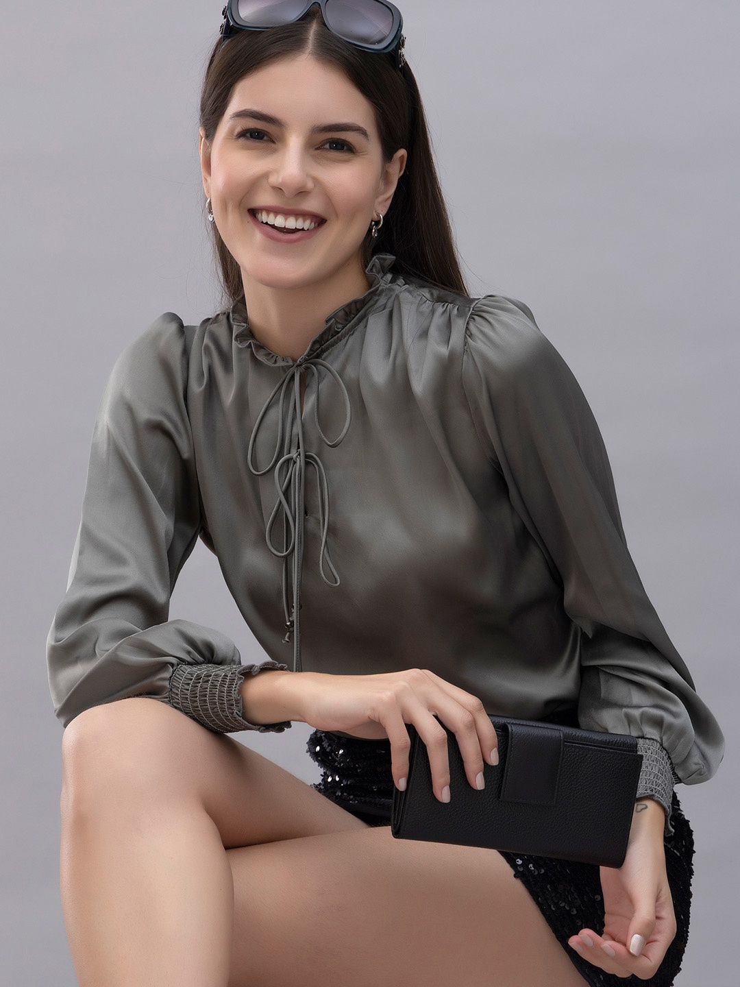 

PURYS Tie-Up Neck Puff Sleeves Smocked Detailed Satin Top, Grey