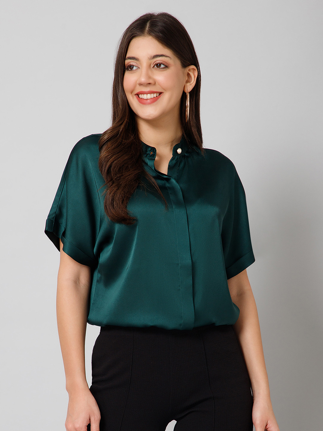 

PURYS Band Collar Extended Sleeves Satin Casual Shirt, Green