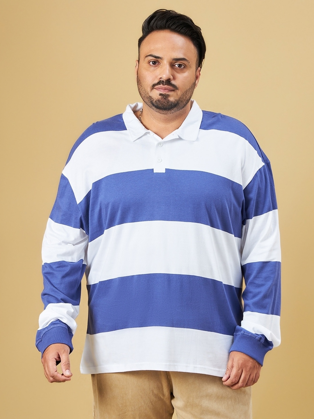 

Bewakoof Plus Size Striped Oversized Cotton Polo Collar T-shirt, White