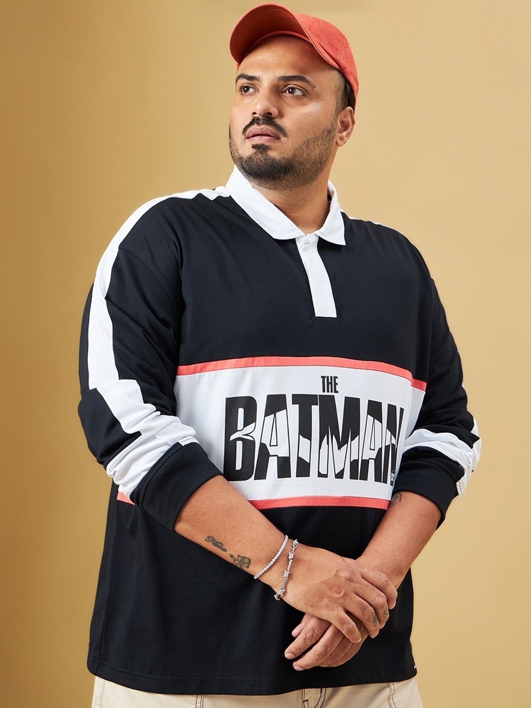 

Bewakoof Plus Size Typography Printed Oversized Polo Collar Cotton T-shirt, Black